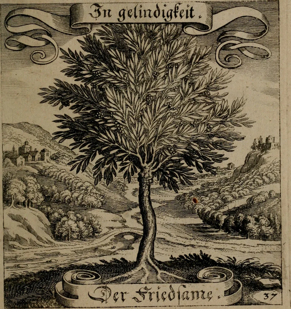 An illustration from Der Fruchtbringenden Geselschaft Nahmen, Vorhaben, Gemählde und Wörter : nach jedes Einnahme ordentlich in Kupfer gestochen, und in achtzeilige Reimgesetze verfasset, 1646, leaf 84