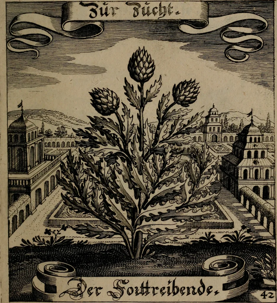 An illustration from Der Fruchtbringenden Geselschaft Nahmen, Vorhaben, Gemählde und Wörter : nach jedes Einnahme ordentlich in Kupfer gestochen, und in achtzeilige Reimgesetze verfasset, 1646, leaf 94