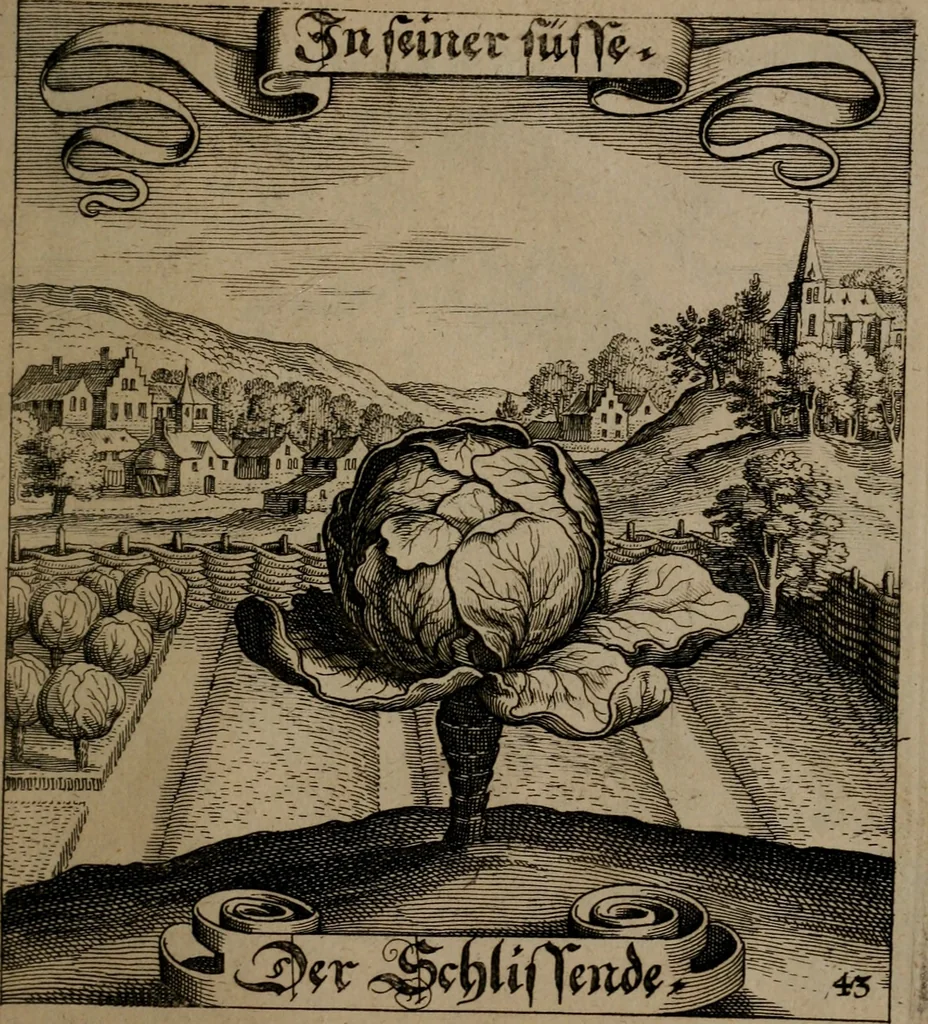 An illustration from Der Fruchtbringenden Geselschaft Nahmen, Vorhaben, Gemählde und Wörter : nach jedes Einnahme ordentlich in Kupfer gestochen, und in achtzeilige Reimgesetze verfasset, 1646, leaf 96