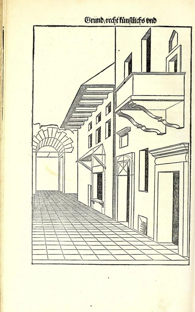 An illustration from Der furnembsten, notwendigsten, der gantzen Architectur angehörigen mathematischen vnd mechanischen Künst eygentlicher Bericht : vnd vast klare, verstendliche Vnterrichtung, zu rechtem Verstandt der Lehr Vitruuij, in drey furneme Bücher abgetheilet : als, Der newen Perspectiua ... : der Geometrischen Büxenmeisterey, vnd Geometrischen Messung ..., 1547, leaf 178