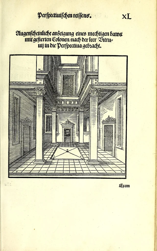 An illustration from Der furnembsten, notwendigsten, der gantzen Architectur angehörigen mathematischen vnd mechanischen Künst eygentlicher Bericht : vnd vast klare, verstendliche Vnterrichtung, zu rechtem Verstandt der Lehr Vitruuij, in drey furneme Bücher abgetheilet : als, Der newen Perspectiua ... : der Geometrischen Büxenmeisterey, vnd Geometrischen Messung ..., 1547, leaf 181