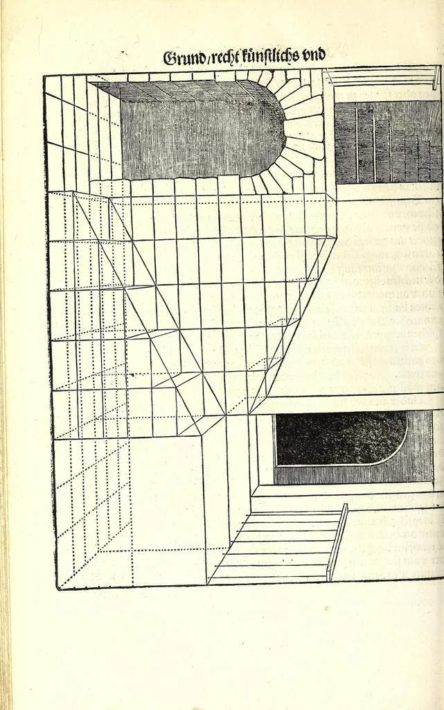 An illustration from Der furnembsten, notwendigsten, der gantzen Architectur angehörigen mathematischen vnd mechanischen Künst eygentlicher Bericht : vnd vast klare, verstendliche Vnterrichtung, zu rechtem Verstandt der Lehr Vitruuij, in drey furneme Bücher abgetheilet : als, Der newen Perspectiua ... : der Geometrischen Büxenmeisterey, vnd Geometrischen Messung ..., 1547, leaf 188