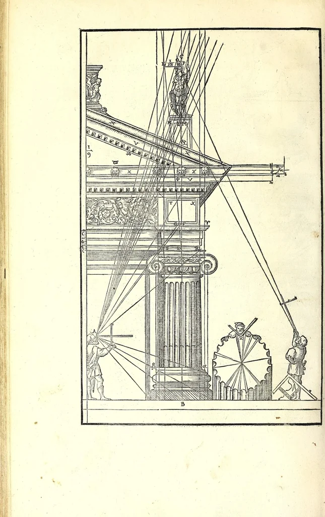 An illustration from Der furnembsten, notwendigsten, der gantzen Architectur angehörigen mathematischen vnd mechanischen Künst eygentlicher Bericht : vnd vast klare, verstendliche Vnterrichtung, zu rechtem Verstandt der Lehr Vitruuij, in drey furneme Bücher abgetheilet : als, Der newen Perspectiua ... : der Geometrischen Büxenmeisterey, vnd Geometrischen Messung ..., 1547, leaf 510