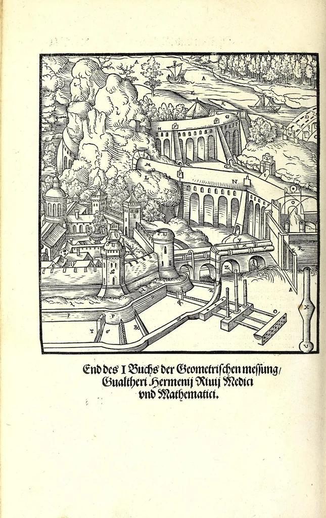 An illustration from Der furnembsten, notwendigsten, der gantzen Architectur angehörigen mathematischen vnd mechanischen Künst eygentlicher Bericht : vnd vast klare, verstendliche Vnterrichtung, zu rechtem Verstandt der Lehr Vitruuij, in drey furneme Bücher abgetheilet : als, Der newen Perspectiua ... : der Geometrischen Büxenmeisterey, vnd Geometrischen Messung ..., 1547, leaf 604