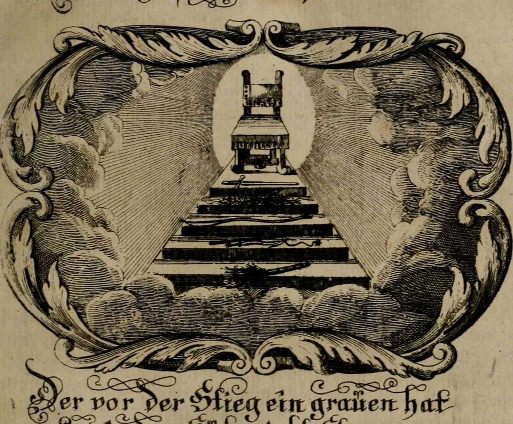 An illustration from Der geistliche Seelen-Artzt, versehen mit General-Artzney : wieder alle erdenckliche Melancholey, auf den jetzigen Welt-Stand gerichtet : auss dem Grund göttlicher H. Schrifft, der Heiligen Vätter Lehr und Sententzen, ausserlesenen Spruchwörtern, welt-geistlichen Aphorismis, medicinalischen Haupt-Regeln, kurtzen Historien, raren Gleichnüssen, und trostreichen Sitten-Lehren : von der Gedult in Wiederwärtigkeiten, Verfolgungen, Creutz und Leyden, durch nützliche Recipe vorgeschreibeu [sic] ..., 1700, leaf 108