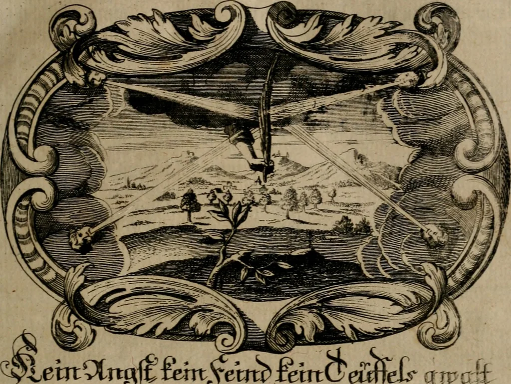 An illustration from Der geistliche Seelen-Artzt, versehen mit General-Artzney : wieder alle erdenckliche Melancholey, auf den jetzigen Welt-Stand gerichtet : auss dem Grund göttlicher H. Schrifft, der Heiligen Vätter Lehr und Sententzen, ausserlesenen Spruchwörtern, welt-geistlichen Aphorismis, medicinalischen Haupt-Regeln, kurtzen Historien, raren Gleichnüssen, und trostreichen Sitten-Lehren : von der Gedult in Wiederwärtigkeiten, Verfolgungen, Creutz und Leyden, durch nützliche Recipe vorgeschreibeu [sic] ..., 1700, leaf 140