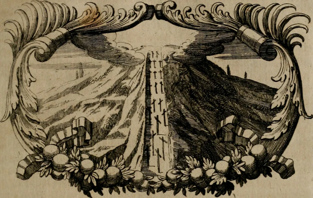 An illustration from Der geistliche Seelen-Artzt, versehen mit General-Artzney : wieder alle erdenckliche Melancholey, auf den jetzigen Welt-Stand gerichtet : auss dem Grund göttlicher H. Schrifft, der Heiligen Vätter Lehr und Sententzen, ausserlesenen Spruchwörtern, welt-geistlichen Aphorismis, medicinalischen Haupt-Regeln, kurtzen Historien, raren Gleichnüssen, und trostreichen Sitten-Lehren : von der Gedult in Wiederwärtigkeiten, Verfolgungen, Creutz und Leyden, durch nützliche Recipe vorgeschreibeu [sic] ..., 1700, leaf 242