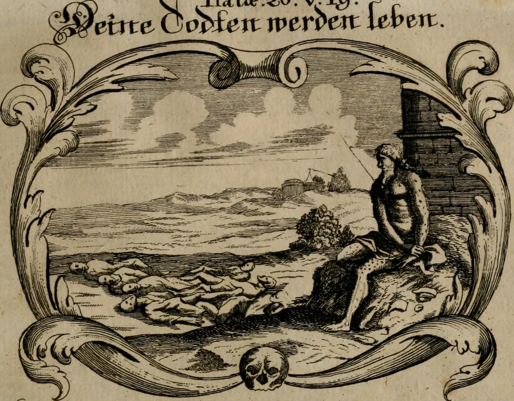 An illustration from Der geistliche Seelen-Artzt, versehen mit General-Artzney : wieder alle erdenckliche Melancholey, auf den jetzigen Welt-Stand gerichtet : auss dem Grund göttlicher H. Schrifft, der Heiligen Vätter Lehr und Sententzen, ausserlesenen Spruchwörtern, welt-geistlichen Aphorismis, medicinalischen Haupt-Regeln, kurtzen Historien, raren Gleichnüssen, und trostreichen Sitten-Lehren : von der Gedult in Wiederwärtigkeiten, Verfolgungen, Creutz und Leyden, durch nützliche Recipe vorgeschreibeu [sic] ..., 1700, leaf 284