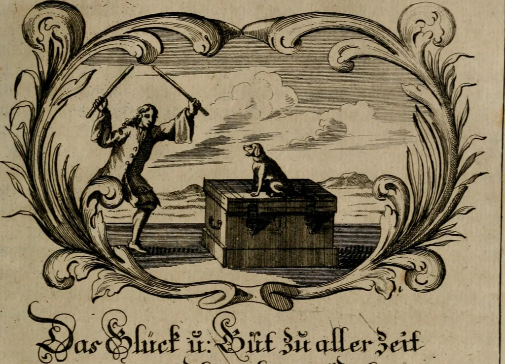 An illustration from Der geistliche Seelen-Artzt, versehen mit General-Artzney : wieder alle erdenckliche Melancholey, auf den jetzigen Welt-Stand gerichtet : auss dem Grund göttlicher H. Schrifft, der Heiligen Vätter Lehr und Sententzen, ausserlesenen Spruchwörtern, welt-geistlichen Aphorismis, medicinalischen Haupt-Regeln, kurtzen Historien, raren Gleichnüssen, und trostreichen Sitten-Lehren : von der Gedult in Wiederwärtigkeiten, Verfolgungen, Creutz und Leyden, durch nützliche Recipe vorgeschreibeu [sic] ..., 1700, leaf 306