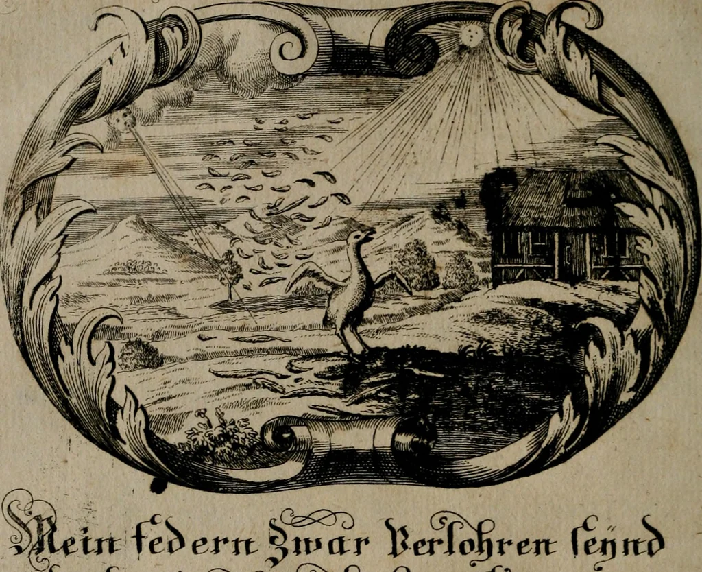 An illustration from Der geistliche Seelen-Artzt, versehen mit General-Artzney : wieder alle erdenckliche Melancholey, auf den jetzigen Welt-Stand gerichtet : auss dem Grund göttlicher H. Schrifft, der Heiligen Vätter Lehr und Sententzen, ausserlesenen Spruchwörtern, welt-geistlichen Aphorismis, medicinalischen Haupt-Regeln, kurtzen Historien, raren Gleichnüssen, und trostreichen Sitten-Lehren : von der Gedult in Wiederwärtigkeiten, Verfolgungen, Creutz und Leyden, durch nützliche Recipe vorgeschreibeu [sic] ..., 1700, leaf 37