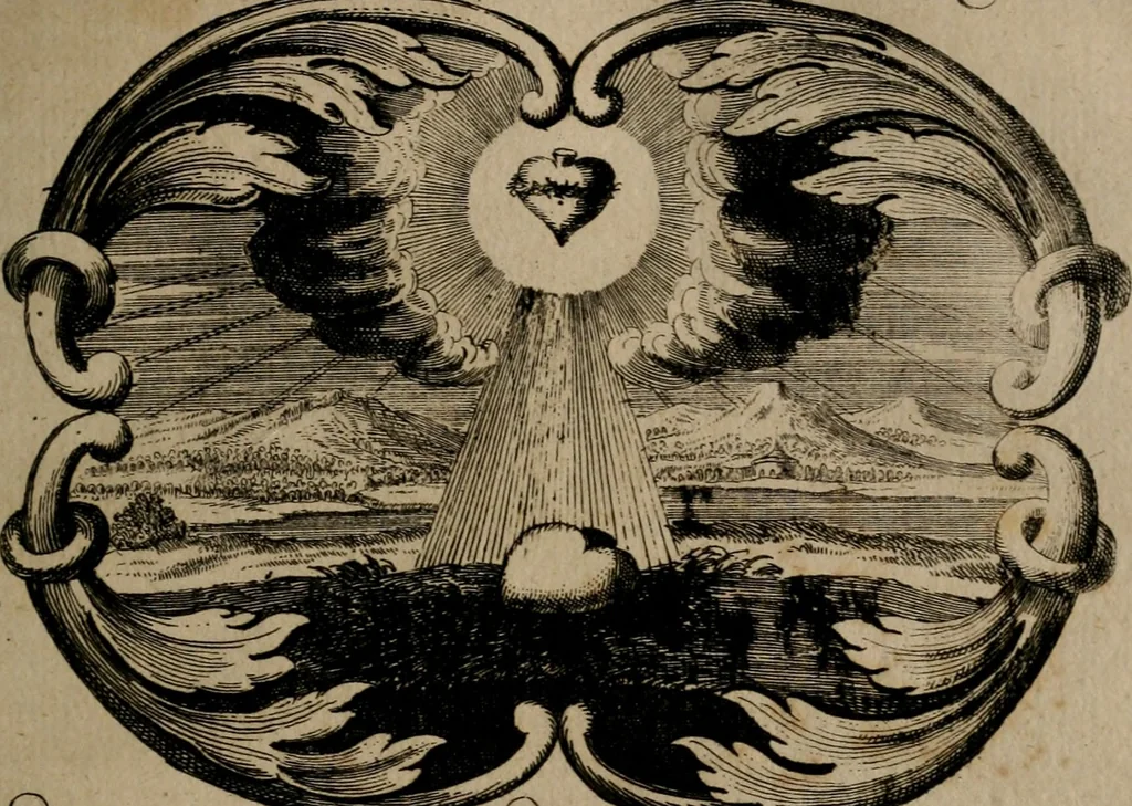 An illustration from Der geistliche Seelen-Artzt, versehen mit General-Artzney : wieder alle erdenckliche Melancholey, auf den jetzigen Welt-Stand gerichtet : auss dem Grund göttlicher H. Schrifft, der Heiligen Vätter Lehr und Sententzen, ausserlesenen Spruchwörtern, welt-geistlichen Aphorismis, medicinalischen Haupt-Regeln, kurtzen Historien, raren Gleichnüssen, und trostreichen Sitten-Lehren : von der Gedult in Wiederwärtigkeiten, Verfolgungen, Creutz und Leyden, durch nützliche Recipe vorgeschreibeu [sic] ..., 1700, leaf 96