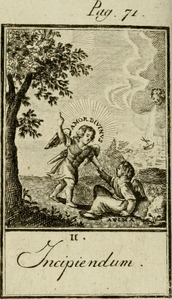An illustration from Der gottseligen Frau La Mothe Guyon geisterhebende Beschäftigungen des Herzens mit Gott durch die lebendige Erfahrungs-Erkenntnis der göttlichen Liebe, oder, Die Geheimnisse des innwendigen Christenthums, geoffenbaret in der Schule der himmlischen Weisheit : Auszüge aus sämtlichen poetischen Schriften der seligen Frau, zur Beförderung des inneren Lebens, 1802, leaf 132