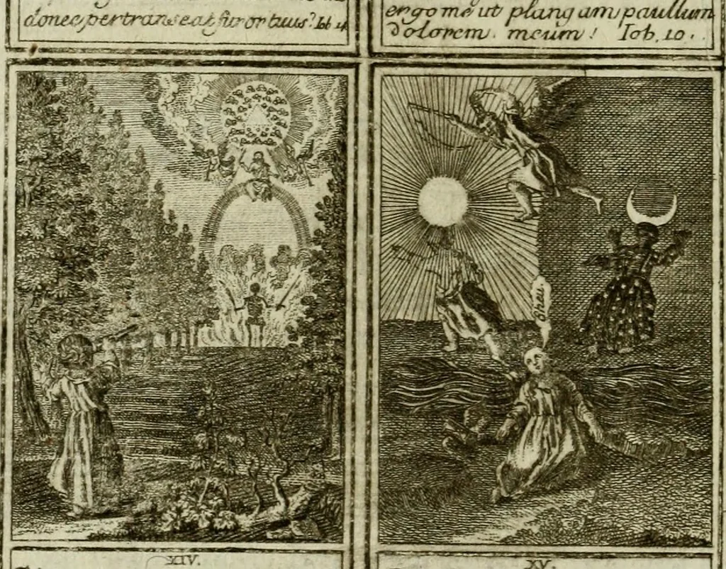 An illustration from Der gottseligen Frau La Mothe Guyon geisterhebende Beschäftigungen des Herzens mit Gott durch die lebendige Erfahrungs-Erkenntnis der göttlichen Liebe, oder, Die Geheimnisse des innwendigen Christenthums, geoffenbaret in der Schule der himmlischen Weisheit : Auszüge aus sämtlichen poetischen Schriften der seligen Frau, zur Beförderung des inneren Lebens, 1802, leaf 60