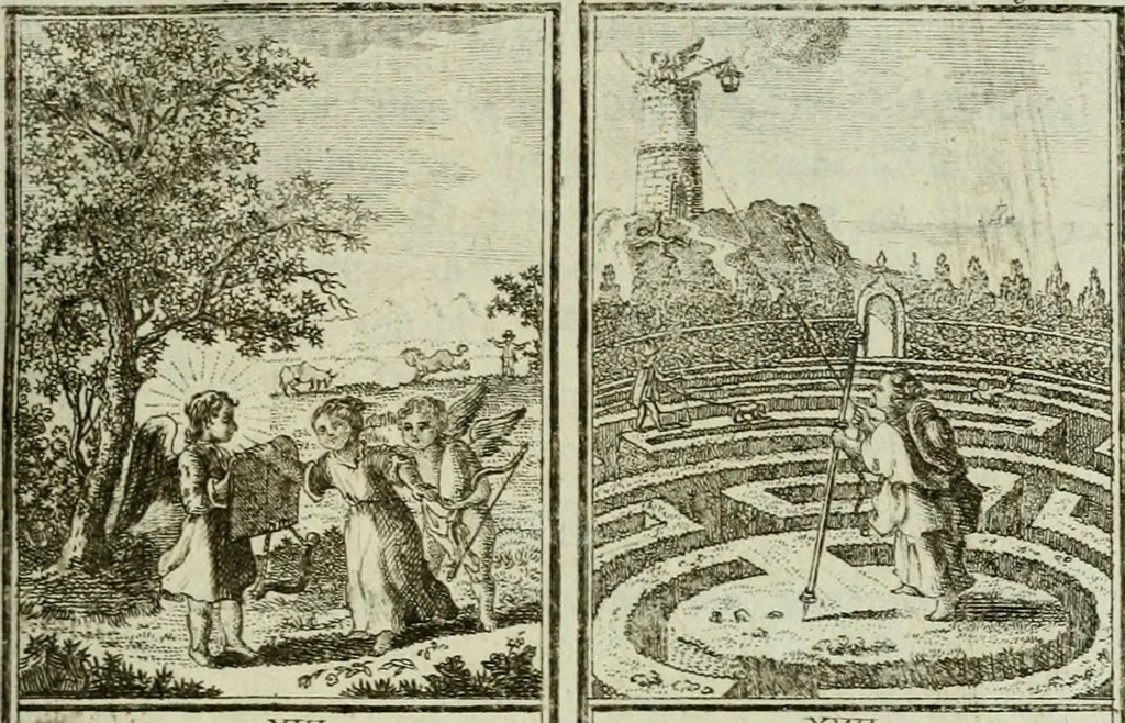An illustration from Der gottseligen Frau La Mothe Guyon geisterhebende Beschäftigungen des Herzens mit Gott durch die lebendige Erfahrungs-Erkenntnis der göttlichen Liebe, oder, Die Geheimnisse des innwendigen Christenthums, geoffenbaret in der Schule der himmlischen Weisheit : Auszüge aus sämtlichen poetischen Schriften der seligen Frau, zur Beförderung des inneren Lebens, 1802, leaf 67