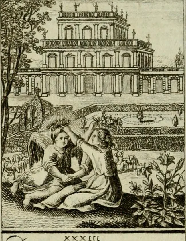 An illustration from Der gottseligen Frau La Mothe Guyon geisterhebende Beschäftigungen des Herzens mit Gott durch die lebendige Erfahrungs-Erkenntnis der göttlichen Liebe, oder, Die Geheimnisse des innwendigen Christenthums, geoffenbaret in der Schule der himmlischen Weisheit : Auszüge aus sämtlichen poetischen Schriften der seligen Frau, zur Beförderung des inneren Lebens, 1802, leaf 92