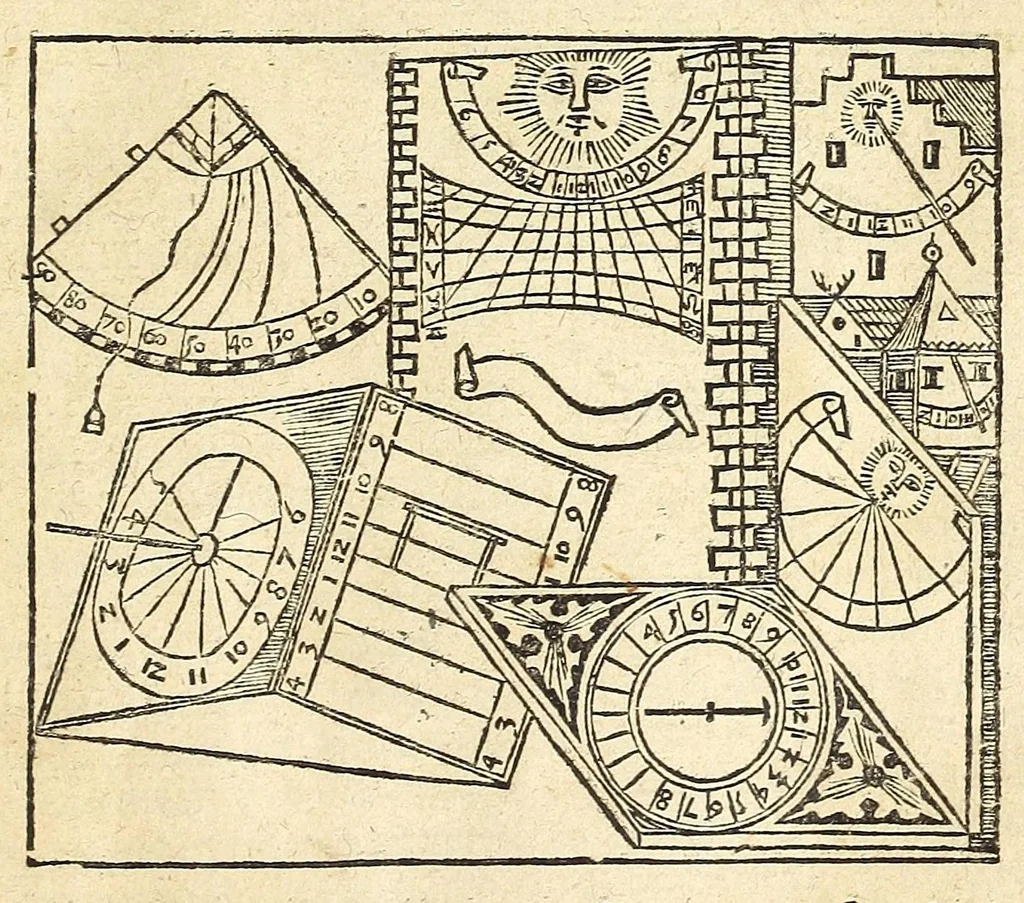 An illustration from Der Horologien, oder Sonnen Vhren, künstliche Beschreibung : wie dieselbigen nach mancherley Ahrt an die Mauren, Wendte, Ebne, sie seyen ligendt, auffgerichtet, schreg, auch auff ronde, aussgehölte vnd sonst aller handt Instrument, auffzüreissen, 1579, leaf 5