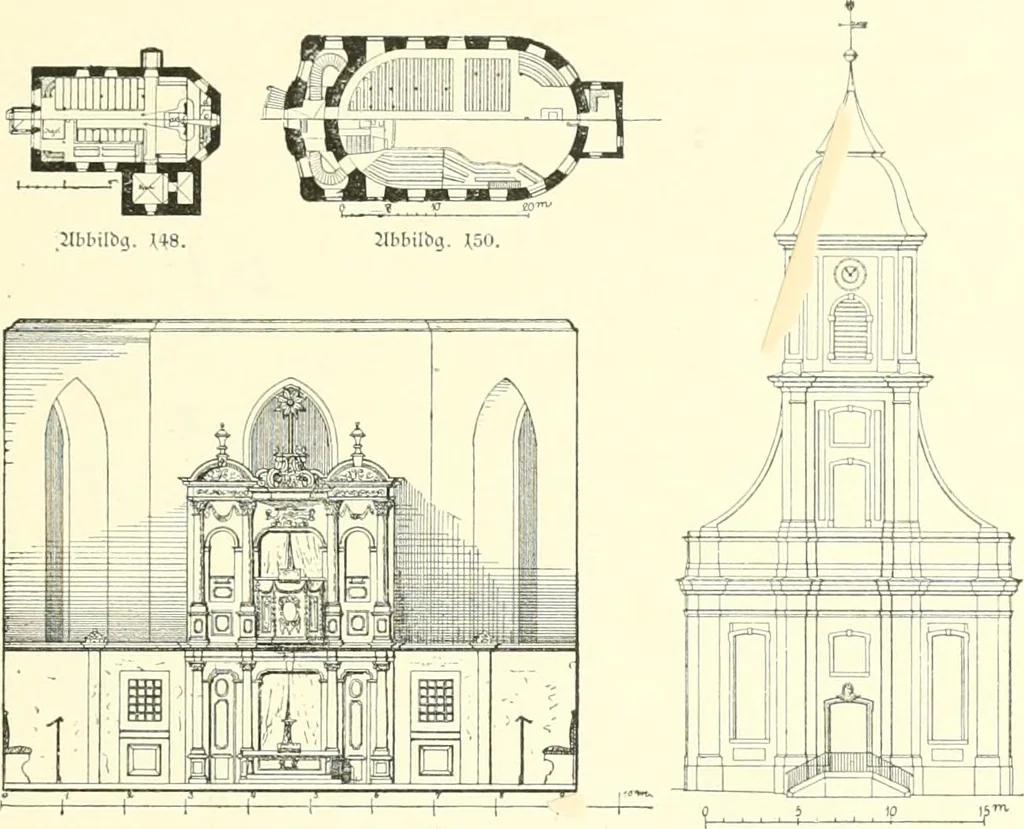 An illustration from Der Kirchenbau des Protestantismus von der Reformation bis zur Gegenwart, hrsg. von der Vereinigung Berliner Architekten, 1893, leaf 105