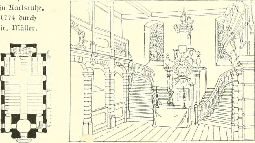 An illustration from Der Kirchenbau des Protestantismus von der Reformation bis zur Gegenwart, hrsg. von der Vereinigung Berliner Architekten, 1893, leaf 107
