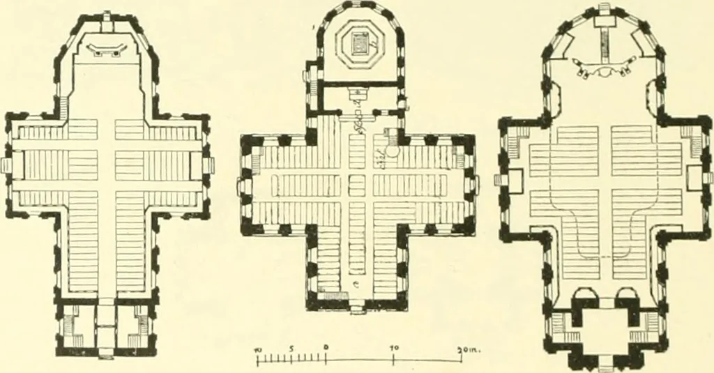 An illustration from Der Kirchenbau des Protestantismus von der Reformation bis zur Gegenwart, hrsg. von der Vereinigung Berliner Architekten, 1893, leaf 142