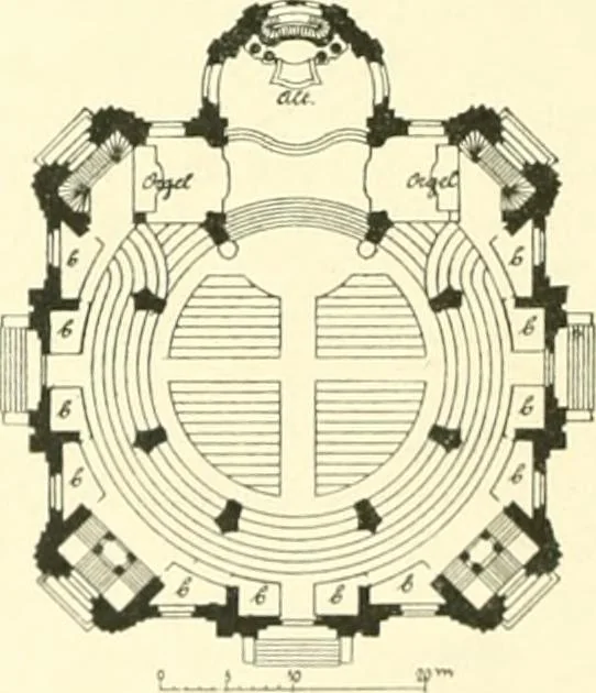 An illustration from Der Kirchenbau des Protestantismus von der Reformation bis zur Gegenwart, hrsg. von der Vereinigung Berliner Architekten, 1893, leaf 152