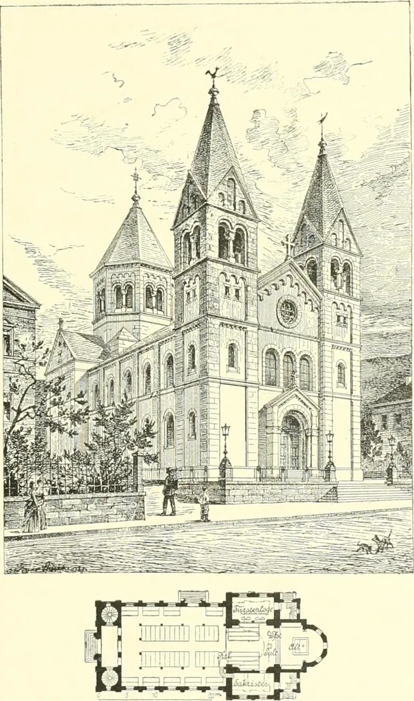 An illustration from Der Kirchenbau des Protestantismus von der Reformation bis zur Gegenwart, hrsg. von der Vereinigung Berliner Architekten, 1893, leaf 201