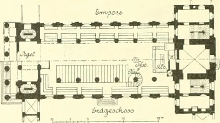 An illustration from Der Kirchenbau des Protestantismus von der Reformation bis zur Gegenwart, hrsg. von der Vereinigung Berliner Architekten, 1893, leaf 202
