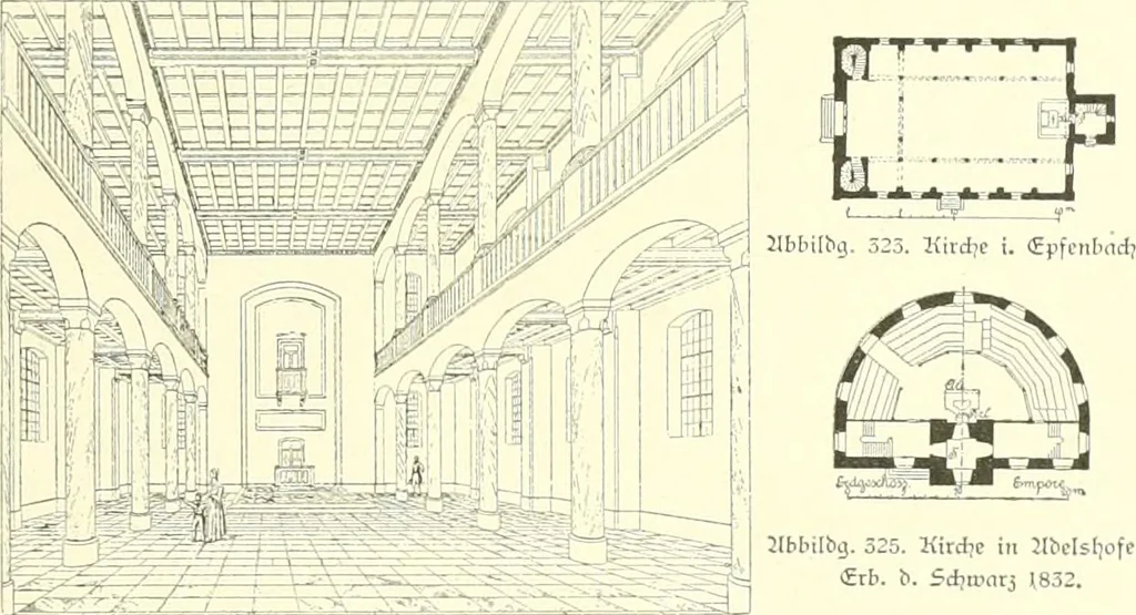 An illustration from Der Kirchenbau des Protestantismus von der Reformation bis zur Gegenwart, hrsg. von der Vereinigung Berliner Architekten, 1893, leaf 203
