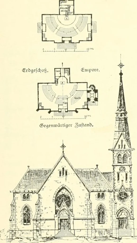 An illustration from Der Kirchenbau des Protestantismus von der Reformation bis zur Gegenwart, hrsg. von der Vereinigung Berliner Architekten, 1893, leaf 205
