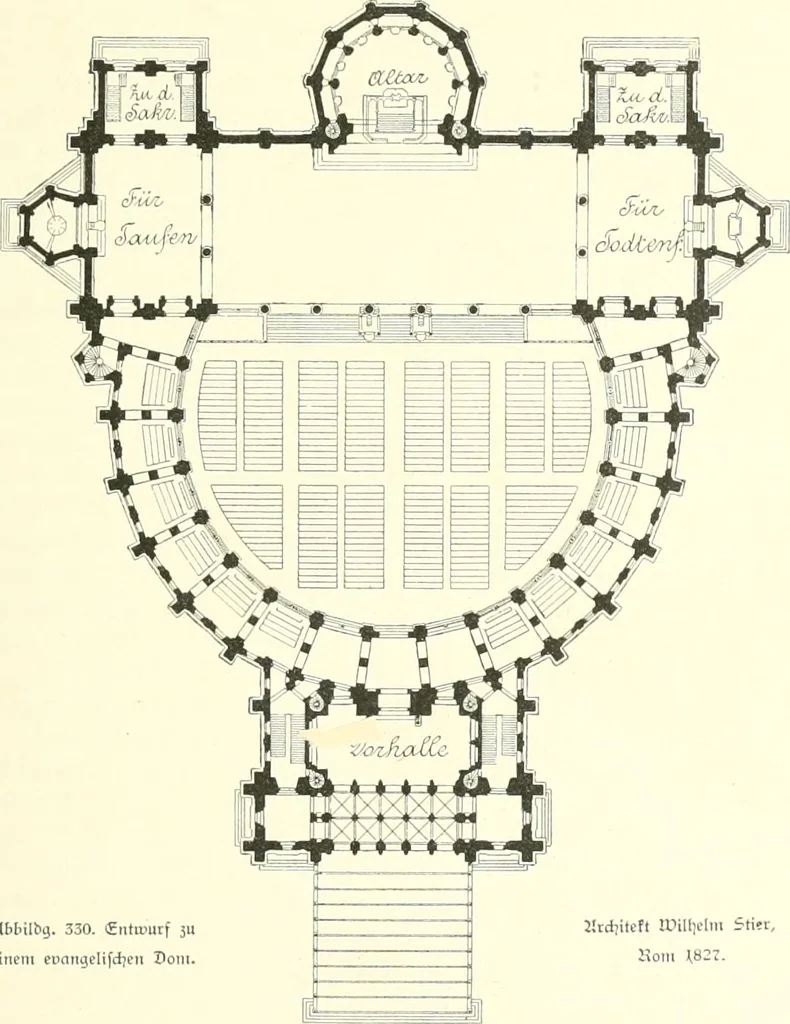 An illustration from Der Kirchenbau des Protestantismus von der Reformation bis zur Gegenwart, hrsg. von der Vereinigung Berliner Architekten, 1893, leaf 207