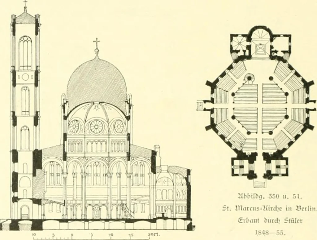 An illustration from Der Kirchenbau des Protestantismus von der Reformation bis zur Gegenwart, hrsg. von der Vereinigung Berliner Architekten, 1893, leaf 228
