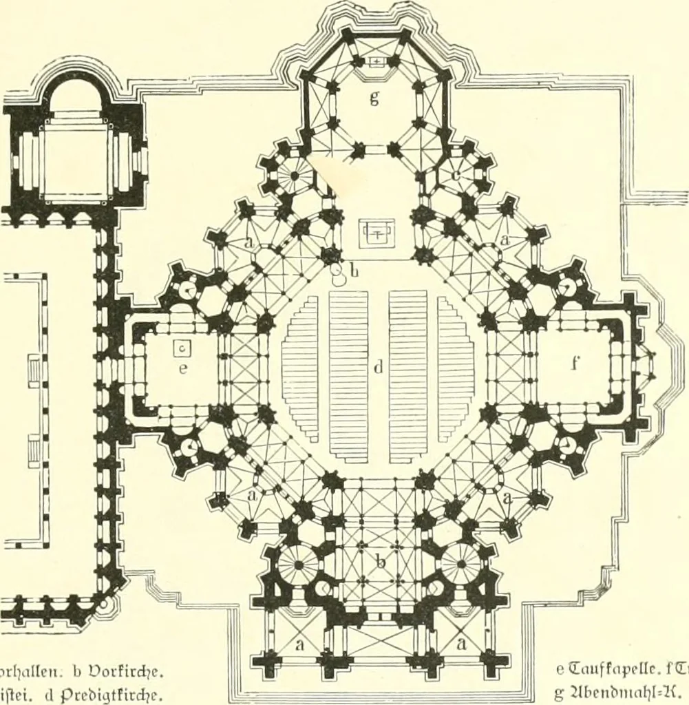 An illustration from Der Kirchenbau des Protestantismus von der Reformation bis zur Gegenwart, hrsg. von der Vereinigung Berliner Architekten, 1893, leaf 265