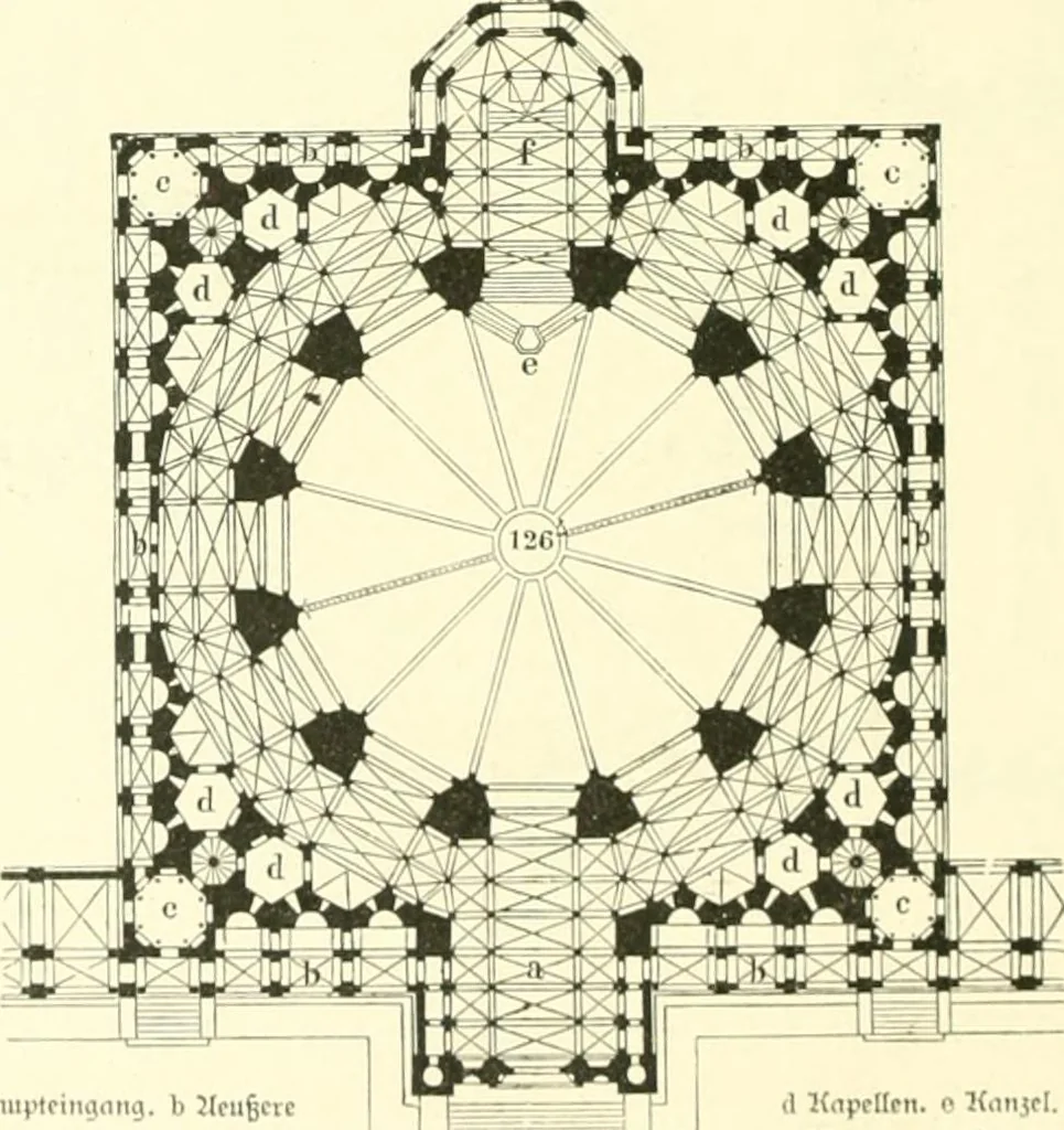 An illustration from Der Kirchenbau des Protestantismus von der Reformation bis zur Gegenwart, hrsg. von der Vereinigung Berliner Architekten, 1893, leaf 266