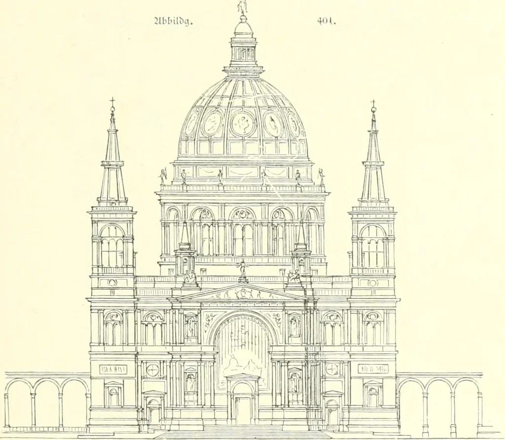 An illustration from Der Kirchenbau des Protestantismus von der Reformation bis zur Gegenwart, hrsg. von der Vereinigung Berliner Architekten, 1893, leaf 271