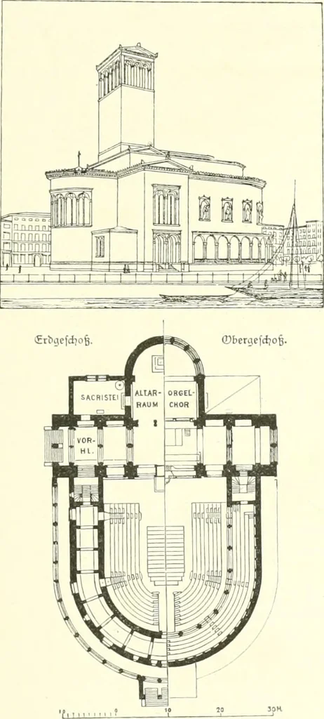 An illustration from Der Kirchenbau des Protestantismus von der Reformation bis zur Gegenwart, hrsg. von der Vereinigung Berliner Architekten, 1893, leaf 273