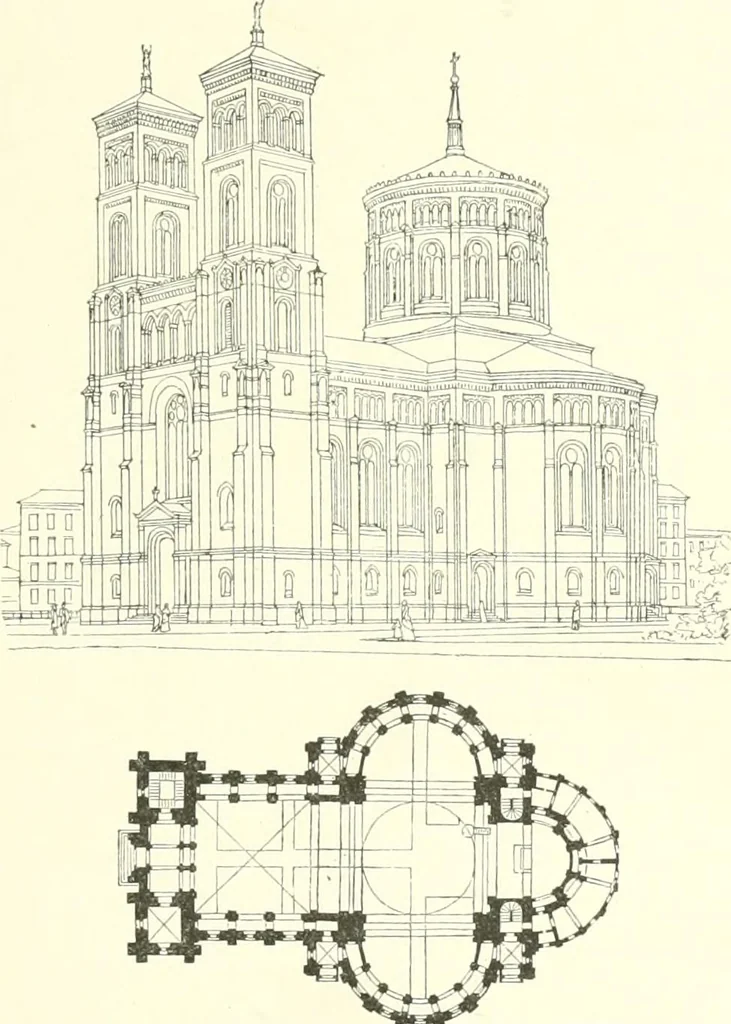 An illustration from Der Kirchenbau des Protestantismus von der Reformation bis zur Gegenwart, hrsg. von der Vereinigung Berliner Architekten, 1893, leaf 275