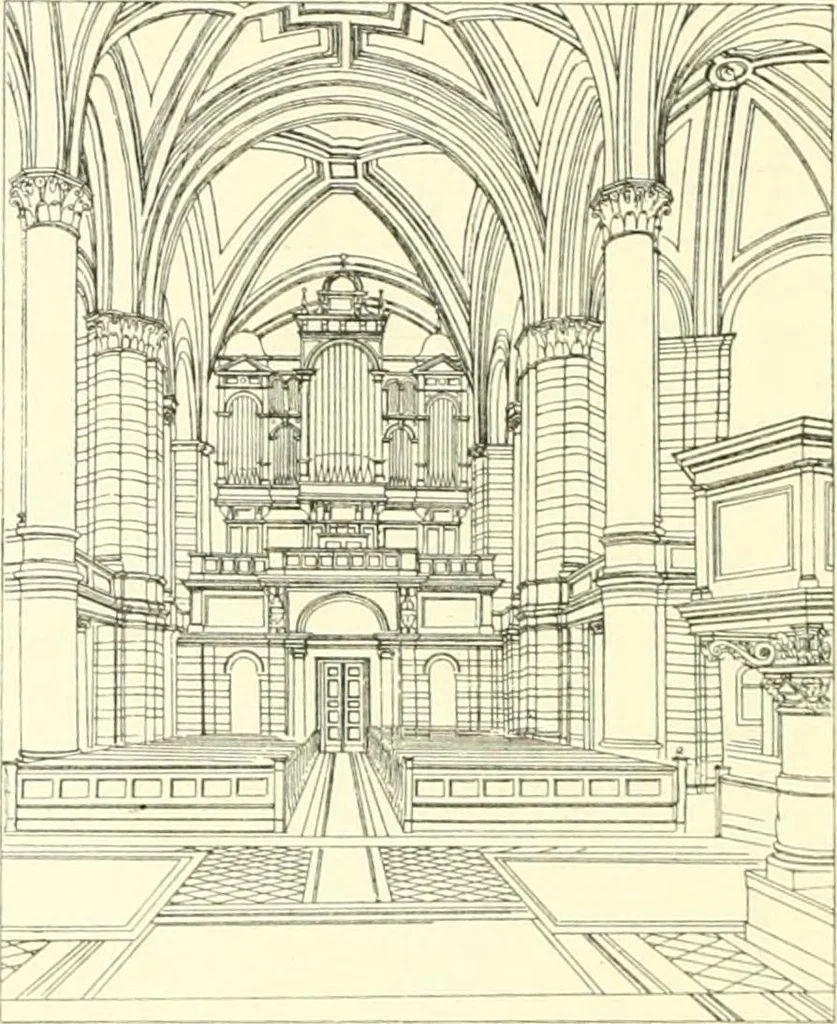 An illustration from Der Kirchenbau des Protestantismus von der Reformation bis zur Gegenwart, hrsg. von der Vereinigung Berliner Architekten, 1893, leaf 280