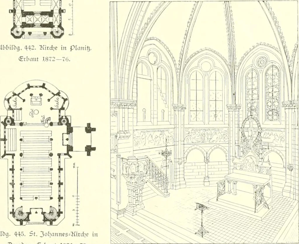 An illustration from Der Kirchenbau des Protestantismus von der Reformation bis zur Gegenwart, hrsg. von der Vereinigung Berliner Architekten, 1893, leaf 293