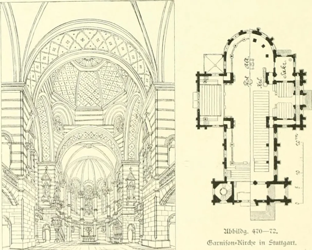An illustration from Der Kirchenbau des Protestantismus von der Reformation bis zur Gegenwart, hrsg. von der Vereinigung Berliner Architekten, 1893, leaf 302