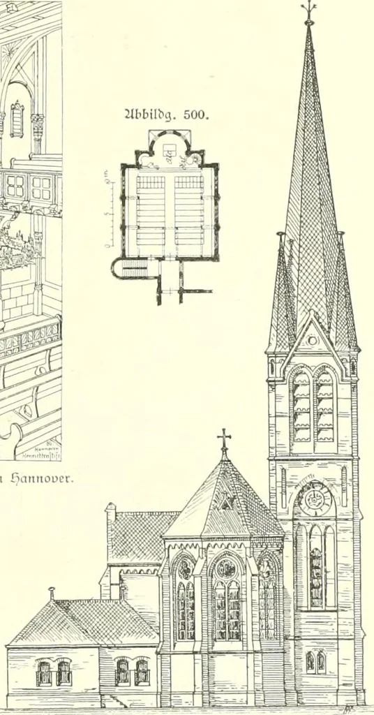 An illustration from Der Kirchenbau des Protestantismus von der Reformation bis zur Gegenwart, hrsg. von der Vereinigung Berliner Architekten, 1893, leaf 319