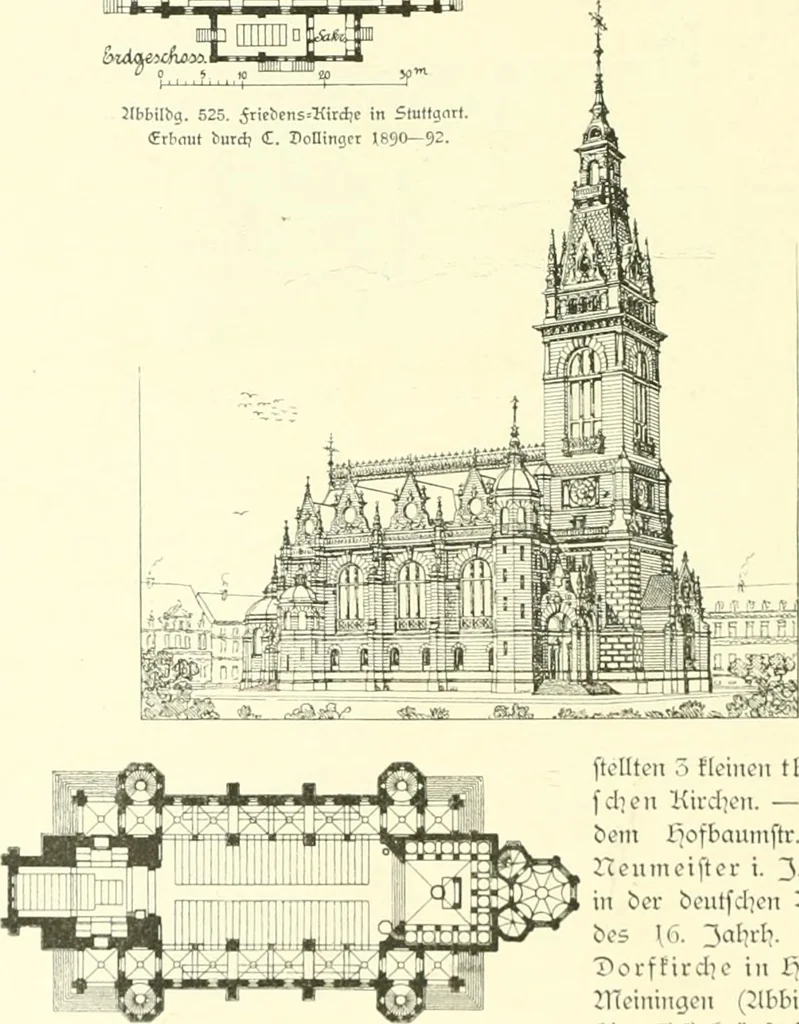 An illustration from Der Kirchenbau des Protestantismus von der Reformation bis zur Gegenwart, hrsg. von der Vereinigung Berliner Architekten, 1893, leaf 326