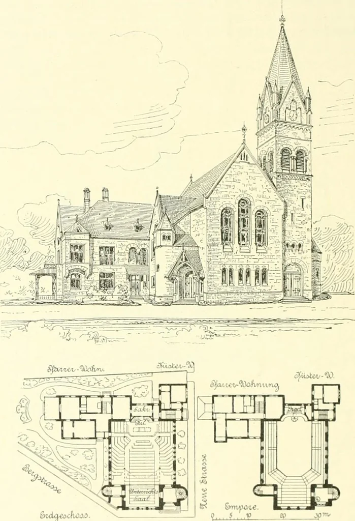 An illustration from Der Kirchenbau des Protestantismus von der Reformation bis zur Gegenwart, hrsg. von der Vereinigung Berliner Architekten, 1893, leaf 330