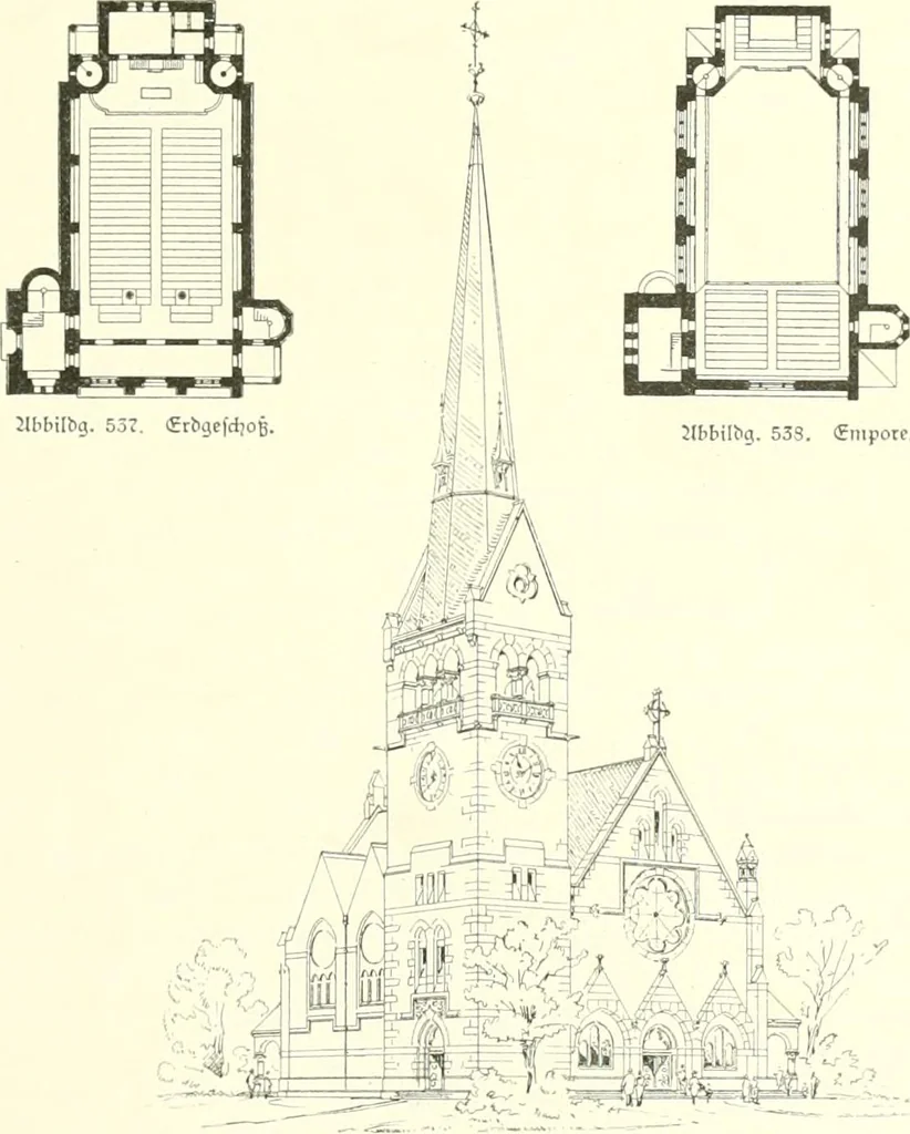 An illustration from Der Kirchenbau des Protestantismus von der Reformation bis zur Gegenwart, hrsg. von der Vereinigung Berliner Architekten, 1893, leaf 331