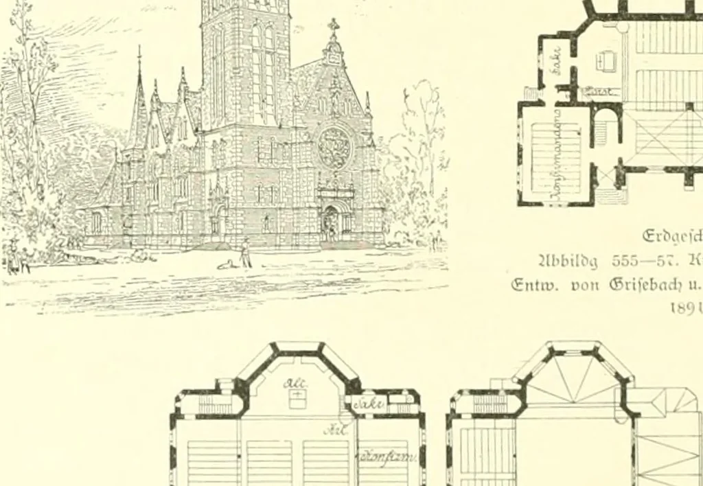An illustration from Der Kirchenbau des Protestantismus von der Reformation bis zur Gegenwart, hrsg. von der Vereinigung Berliner Architekten, 1893, leaf 338