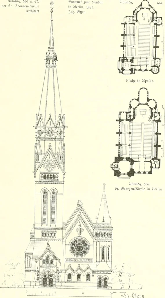 An illustration from Der Kirchenbau des Protestantismus von der Reformation bis zur Gegenwart, hrsg. von der Vereinigung Berliner Architekten, 1893, leaf 341