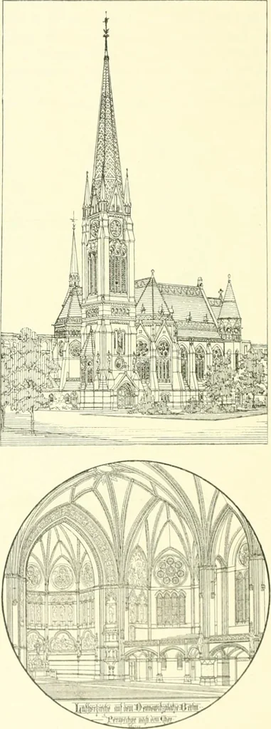 An illustration from Der Kirchenbau des Protestantismus von der Reformation bis zur Gegenwart, hrsg. von der Vereinigung Berliner Architekten, 1893, leaf 348