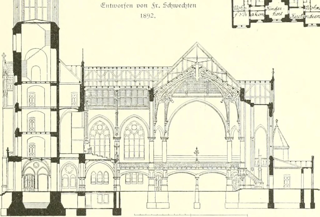 An illustration from Der Kirchenbau des Protestantismus von der Reformation bis zur Gegenwart, hrsg. von der Vereinigung Berliner Architekten, 1893, leaf 351
