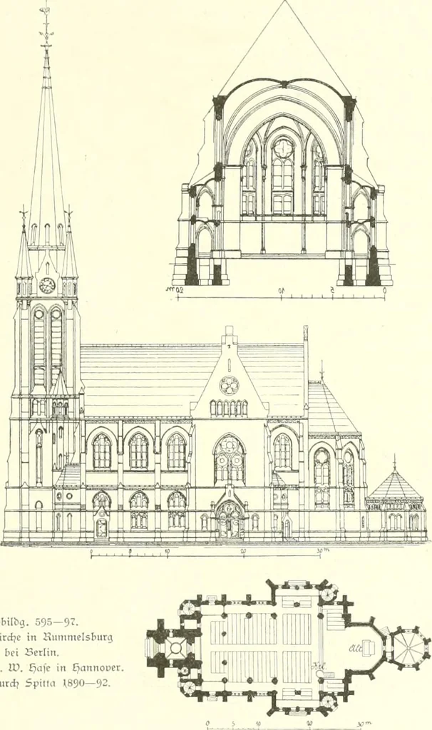 An illustration from Der Kirchenbau des Protestantismus von der Reformation bis zur Gegenwart, hrsg. von der Vereinigung Berliner Architekten, 1893, leaf 353