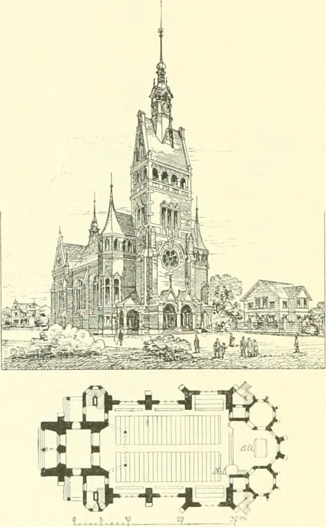 An illustration from Der Kirchenbau des Protestantismus von der Reformation bis zur Gegenwart, hrsg. von der Vereinigung Berliner Architekten, 1893, leaf 368