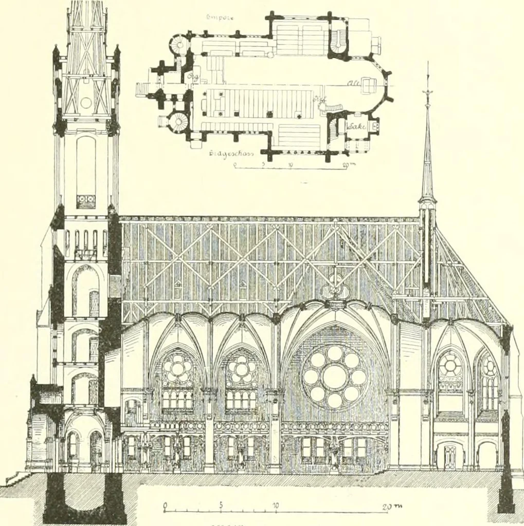 An illustration from Der Kirchenbau des Protestantismus von der Reformation bis zur Gegenwart, hrsg. von der Vereinigung Berliner Architekten, 1893, leaf 369