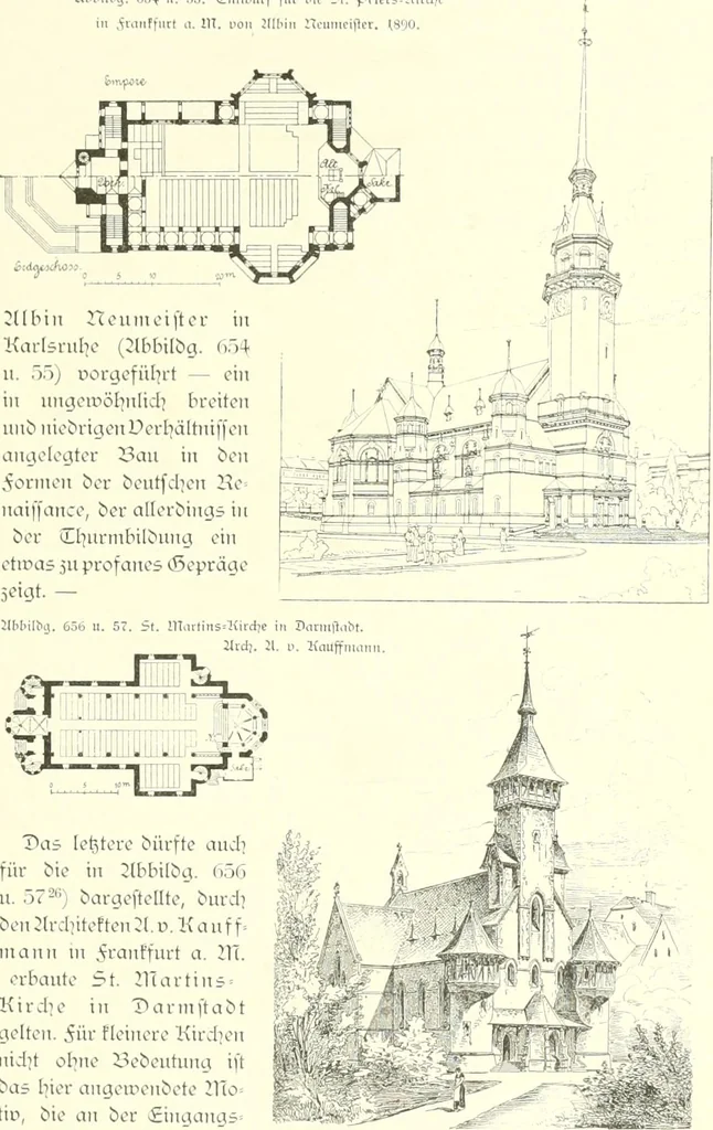 An illustration from Der Kirchenbau des Protestantismus von der Reformation bis zur Gegenwart, hrsg. von der Vereinigung Berliner Architekten, 1893, leaf 373